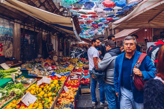 Catania, Italy - November 1, 2019: Seafood at fish market in Catania, Sicily, Italy. Fresh fish at the fish market in the old Town of Catania in the province of Sicily in Italy. 