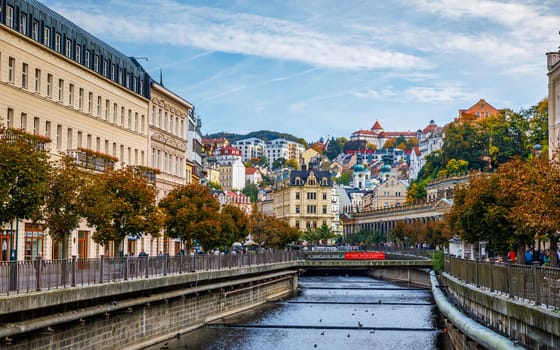 Karlovy Vary, Czech Republic - September 30, 2017: World-famous for its mineral springs, the town of Karlovy Vary (Karlsbad) was founded by Charles IV in the mid-14th century.