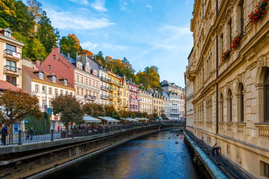 Karlovy Vary, Czech Republic - September 30, 2017: View of old town of Karlovy Vary (Carlsbad) with tourists, Czech Republic, Europe