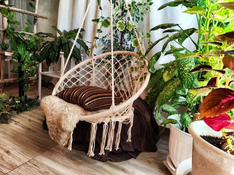 Modern cozy beautiful room with a braided rope macrame chair, green plants and a window with curtains. Interior and background. Location for photo shooting