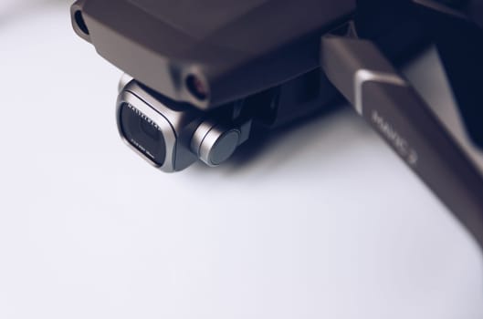 Prague, Czech Republic - August 31 , 2018: DJI Mavic 2 Pro closeup, on white background. DJI Mavic 2 Pro one of the most portable drones in the market, with Hasselblad camera.