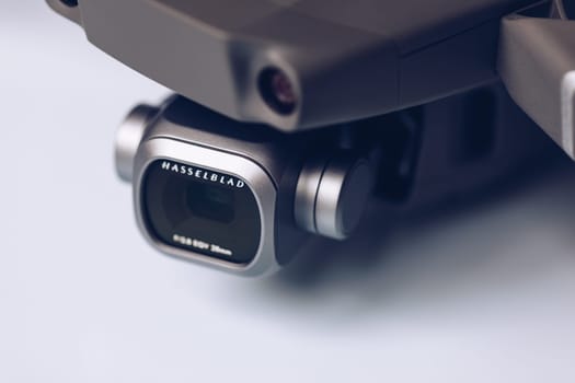 Prague, Czech Republic - August 31 , 2018: DJI Mavic 2 Pro closeup, on white background. DJI Mavic 2 Pro one of the most portable drones in the market, with Hasselblad camera.