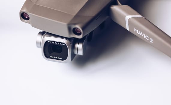 Prague, Czech Republic - August 31 , 2018: DJI Mavic 2 Pro closeup, on white background. DJI Mavic 2 Pro one of the most portable drones in the market, with Hasselblad camera.