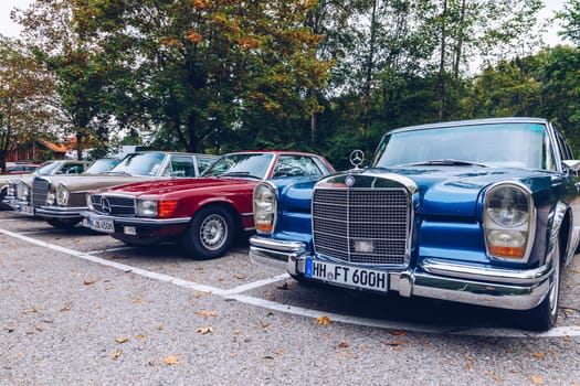 Bavaria, Germany - September 22, 2018: Collection of old Mercedes-Benz cars in a parking lot in Bavaria: Mercedes-Benz 600, Mercedes-Benz 380 SL, Mercedes-Benz 280 SE, Mercedes-Benz W114 or W115.