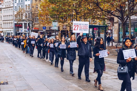 Stuttgart, Germany - October 19, 2019: Demonstration against human trafficking. Not for sale. Human is not a product. 