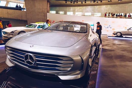 Stuttgart, Germany - October 19, 2019: Historic Mercedes cars associated with the brand are presented in the Mercedes-Benz museum in Stuttgart. Interior of the Mercedes Benz Museum in Stuttgart.