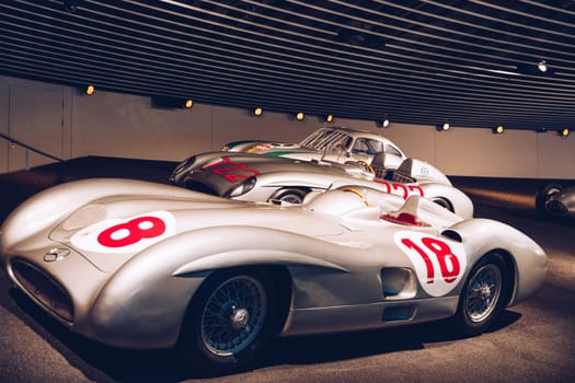 Stuttgart, Germany - October 19, 2019: Historic Mercedes cars associated with the brand are presented in the Mercedes-Benz museum in Stuttgart. Interior of the Mercedes Benz Museum in Stuttgart.