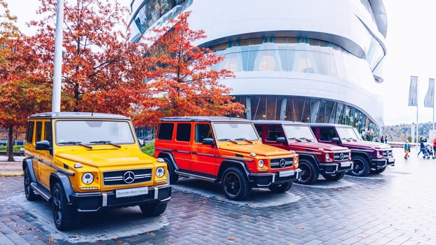 Stuttgart, Germany - October 19, 2019: Historic Mercedes cars associated with the brand are presented in the Mercedes-Benz museum in Stuttgart. Interior of the Mercedes Benz Museum in Stuttgart.