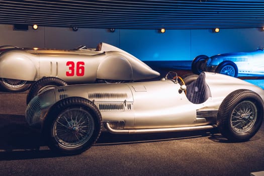 Stuttgart, Germany - October 19, 2019: Historic Mercedes cars associated with the brand are presented in the Mercedes-Benz museum in Stuttgart. Interior of the Mercedes Benz Museum in Stuttgart.
