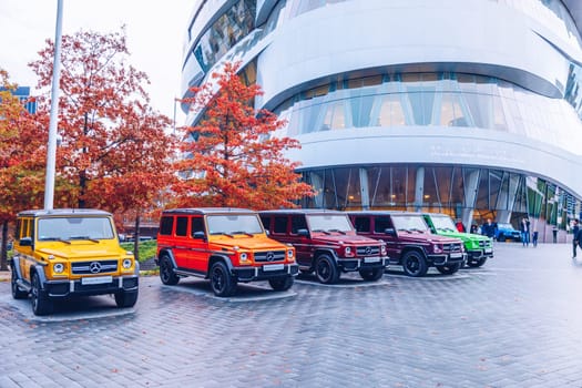 Stuttgart, Germany - October 19, 2019: Historic Mercedes cars associated with the brand are presented in the Mercedes-Benz museum in Stuttgart. Interior of the Mercedes Benz Museum in Stuttgart.