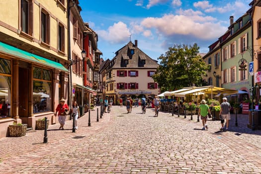 Kaysersberg, France - July 2, 2022: Kaysersberg in Alsace, one of the most beautiful villages of France. Kaysersberg in Alsace in the department of Haut-Rhin of the Grand Est region of France. 
