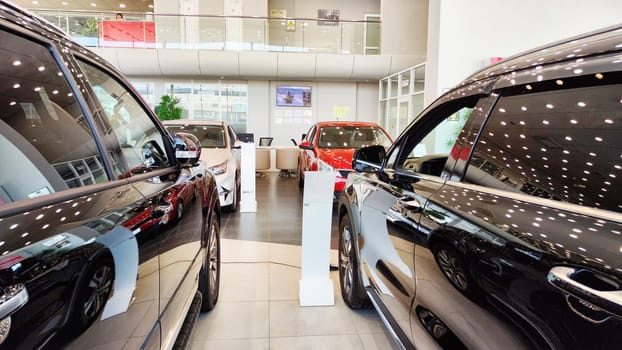 Kazan, Russia - April 04, 2023: Cars in showroom of dealership KIA. Re-export to Russia