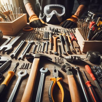 Worker's tools are stored in a the workshop