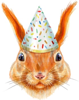 Watercolor portrait of a squirrel in party hat on a white background. Cute forest animal for your design