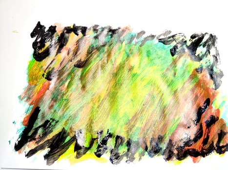 Background made of abstract painting with watercolor paints with water stains, waves and lines in yellow, green, red and black colors. Texture, pattern, frame, copy space and place for text