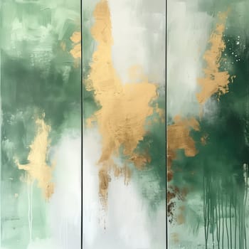 Abstract Triptych Canvas in Pale Green and Gold, Ideal for Modern Home Decor.