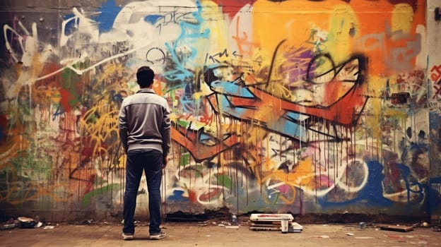 A man stands with his back and looks at large graffiti on the wall AI