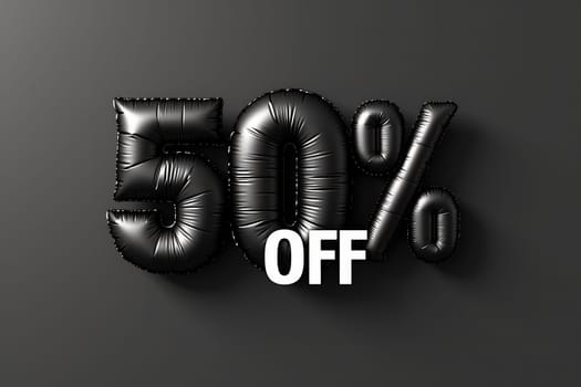 Black Friday Sale Concept with Shiny Black Balloons Forming 50 percent OFF on Dark Background.