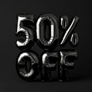 Black Friday Sale Concept with Shiny Black Balloons Forming 50 percent OFF on Dark Background.