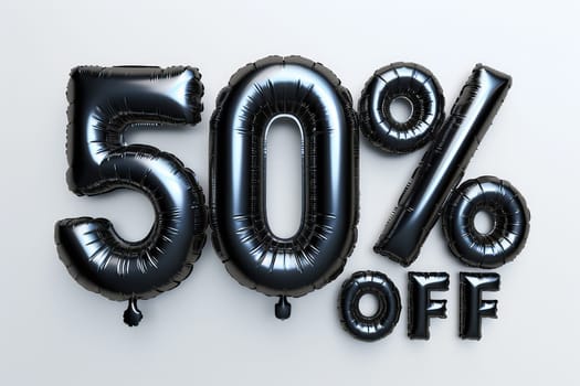Black Friday Sale Concept with Shiny Black Balloons Forming 50 percent OFF on white Background.