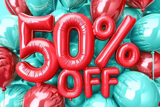 Retail Sale Promotion with Red Balloons Reading 50 Percent Off in a Shopping Mall Setting.