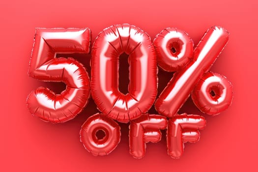 Retail Sale Promotion with Red Balloons Reading 50 Percent Off in a Shopping Mall Setting.