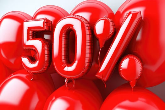 Retail Sale Promotion with Red Balloons Reading 50 Percent Off in a Shopping Mall Setting.