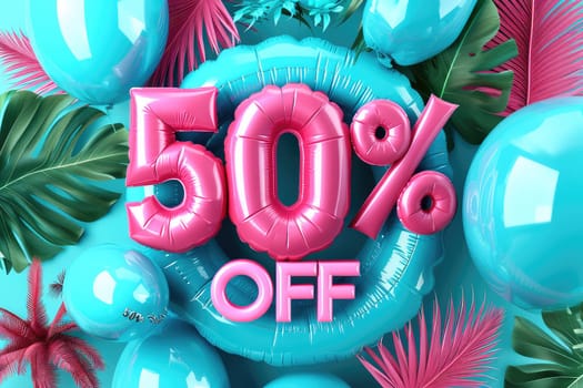 Tropical Sale Theme with Blue Balloon Letters Spelling Fifty Percent Off.