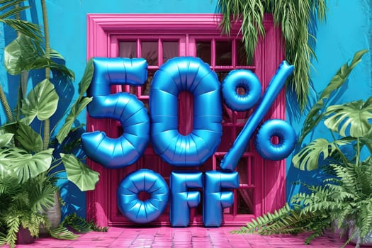 Tropical Sale Theme with Blue Balloon Letters Spelling Fifty Percent Off.