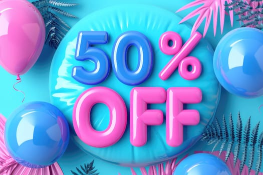 Tropical Sale Theme with Blue Balloon Letters Spelling Fifty Percent Off.