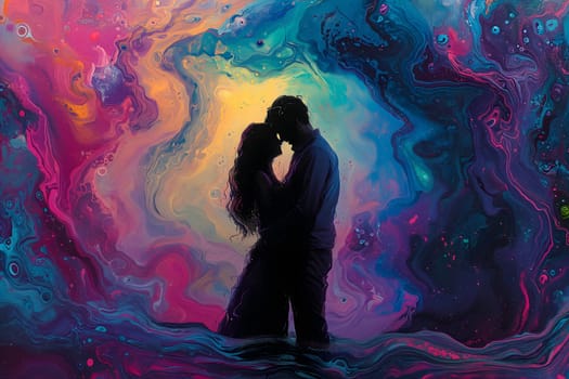 Man and woman embracing in surreal, colorful liquid fantasy dreamscape. Neural network generated image. Not based on any actual person or scene.