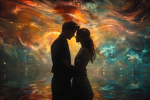 Man and woman embracing in surreal, colorful liquid fantasy dreamscape. Neural network generated image. Not based on any actual person or scene.