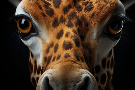 Close-up photo of a giraffe on a dark background.