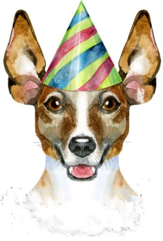 Cute Dog in party hat. Dog T-shirt graphics. watercolor jack russell terrier illustration