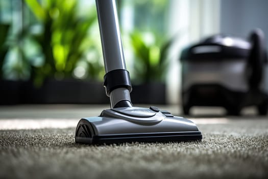 Cleaning a light-colored carpet with a vacuum cleaner. Housework concept.