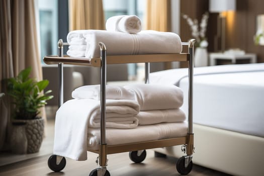 Hotel maid trolley, trolley with snow-white clean towels. Room cleaning concept.
