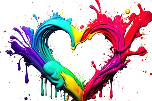 ai generated splash in heart shape from paint in rainbow colors on white background