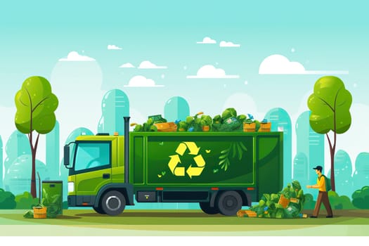 Flat illustration with eco-friendly garbage truck full of garbage.