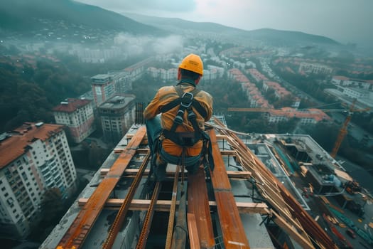 Construction Worker in Safety Gear Installing Roof Tiles with Precision and Care