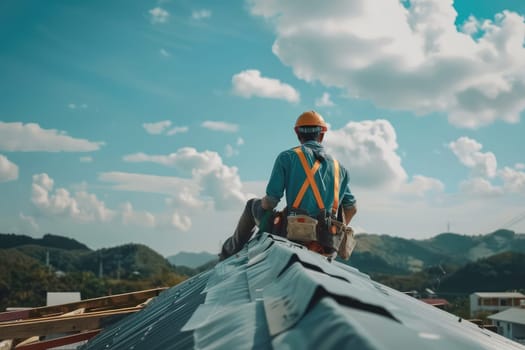 Construction Worker in Safety Gear Installing Roof Tiles with Precision and Care