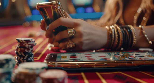 Luxury and Risk: Close-Up of a Gambler's Hands with Smart Phone and Poker Chips at the Casino Table.