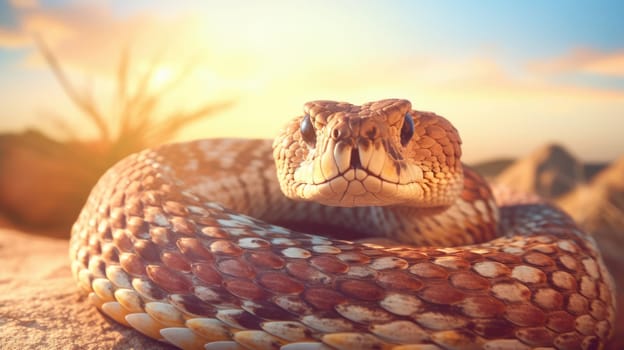 Close-up detail of the head of a Rattlesnake in desert on blurred background AI