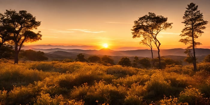 A serene flatland with scattered bushes glows in the setting sun's rays. Majestic hills on the distant horizon add depth to the tranquil scene. Generative AI.