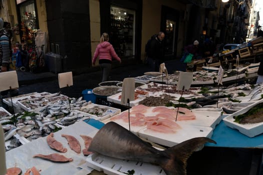 naples street fish market in spanish district detail