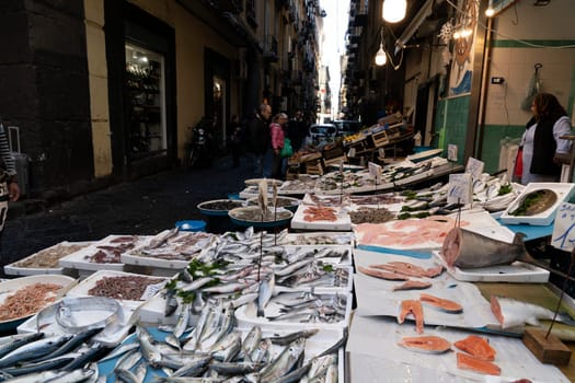 naples street fish market in spanish district detail