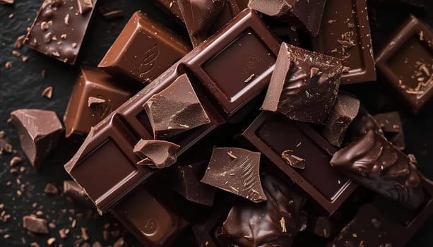 Decadent Dark Chocolate Delight: Broken Pieces and Shavings on a Textured Surface.