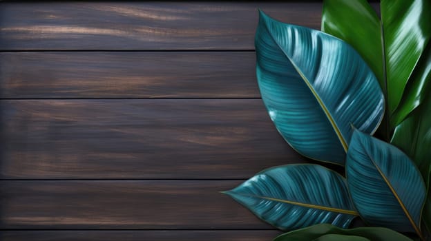 Exotic leaves on a wooden background. Top view frame AI