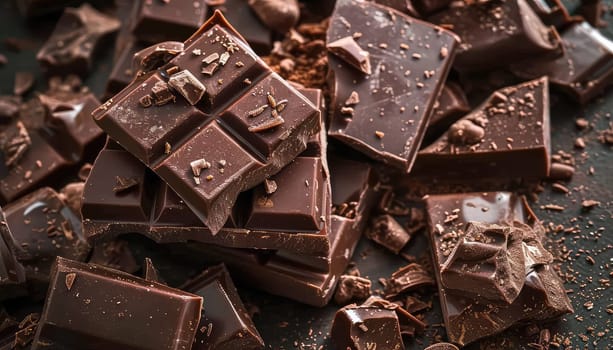Artisanal Chocolate Heaven: Stacked Dark Chocolate Bars with Cocoa Powder Dusting and Chocolate Shavings.