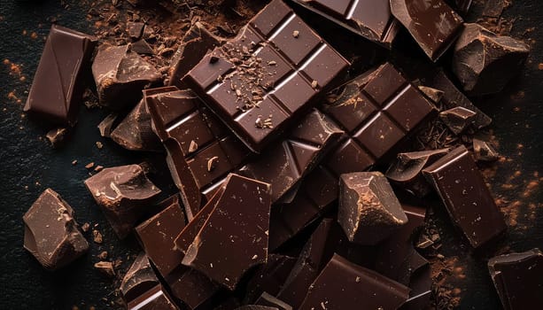 Artisanal Chocolate Heaven: Stacked Dark Chocolate Bars with Cocoa Powder Dusting and Chocolate Shavings.