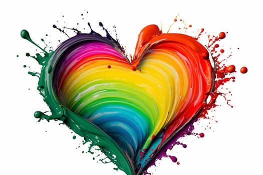 ai generated splash in heart shape from paint in rainbow colors on white background